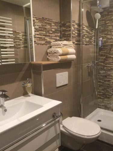 a bathroom with a sink and a toilet and a shower at Point Cardinal in Geneva