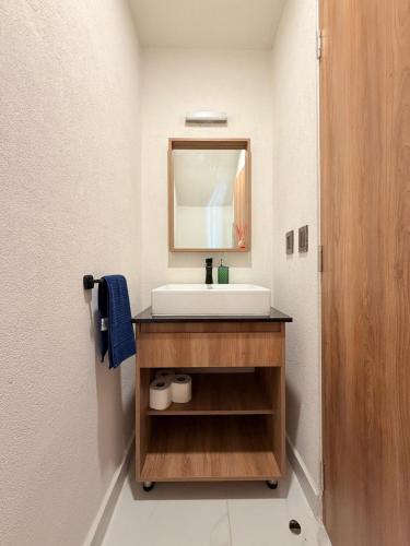 a bathroom with a sink and a mirror at Xochitepec Residencial in Atlacholoaya