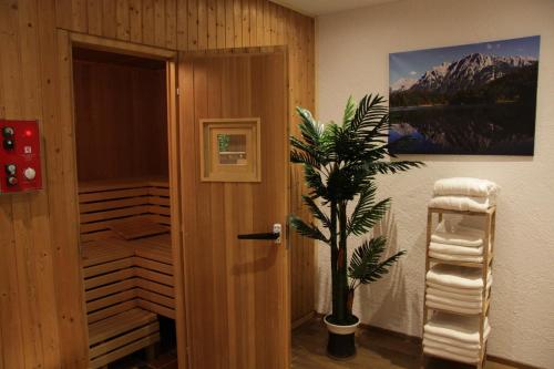 a room with a bathroom with a shower and a plant at Hotel Franziska in Mittenwald
