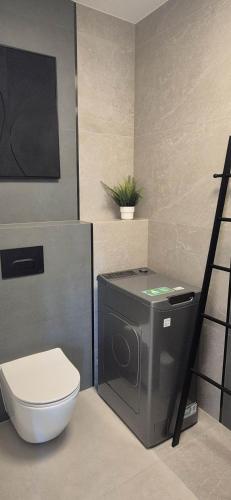 a bathroom with a toilet and a plant on the wall at Pino 34 Sobieszewo in Gdańsk