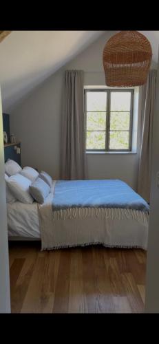 a bedroom with a large bed with a blue blanket at La Villa de Paul - Les Chambres in Yenne