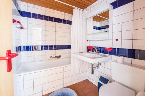 a bathroom with a sink and a tub and a toilet at Berghotel Bonistock in Frutt