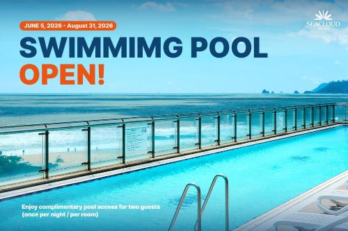 a advertisement for a swimming pool next to the ocean at Kolon Seacloud Hotel in Busan