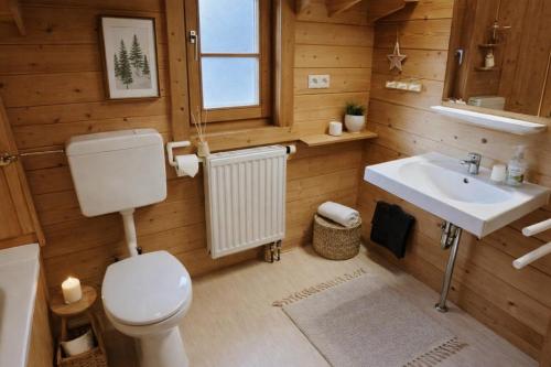 a bathroom with a toilet and a sink at Ferienhaus Tauber 29 in Hayingen