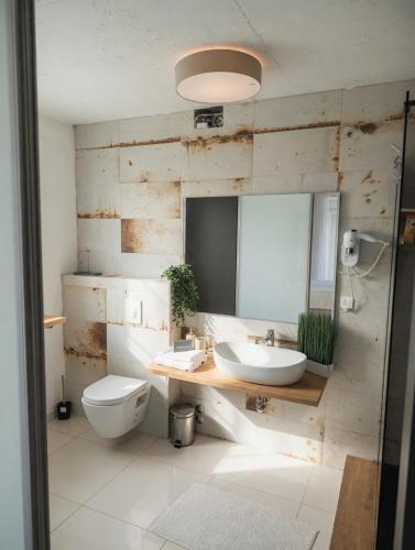 a bathroom with a sink and a toilet and a mirror at BASIC MANSION plus with swimming pool & free parking in Šibenik