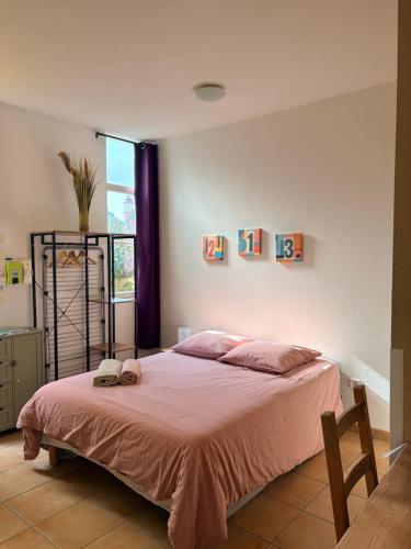 a bedroom with a bed with pink sheets and a window at Studio Soulac centre et plage in Soulac-sur-Mer