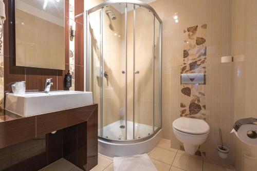a bathroom with a shower and a toilet and a sink at Eden in Rydzyna