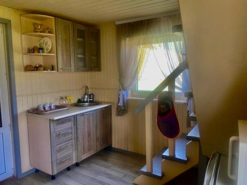 a small kitchen with a sink and a window at Дідова Хата in Shibeny