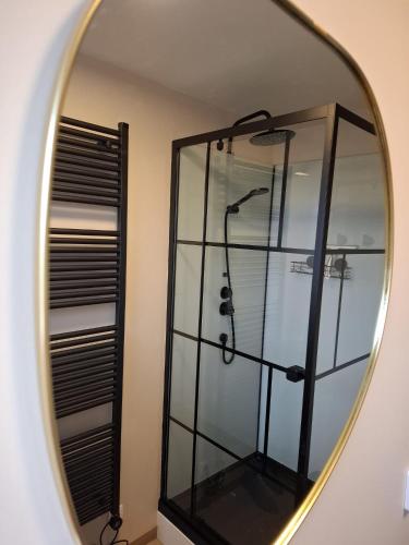 a mirror reflecting a shower in a bathroom at Yurt 2-4p in Ravels