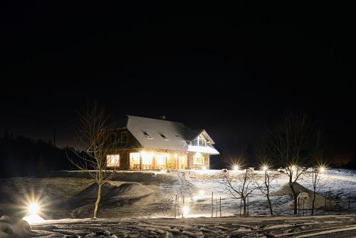 a house with lights on in the snow at night at Dabintos slėnis in Sumiliszki