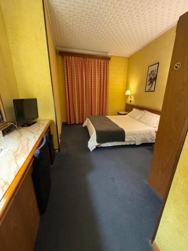 a hotel room with two beds and a television at Hotel Giardino in Arona