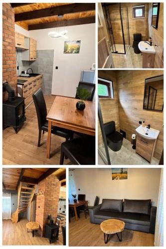 a collage of pictures of a kitchen and a living room at Domek u Patryka in Mrągowo