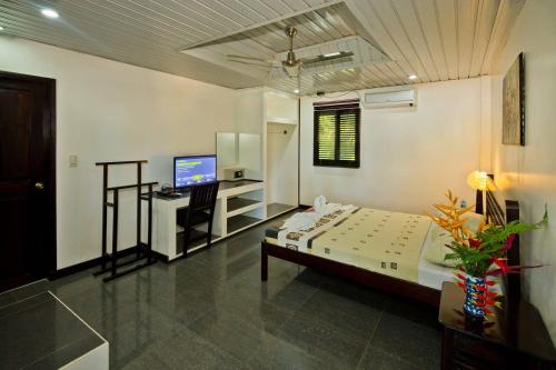 a bedroom with a bed and a desk and a television at Balay Tuko Garden Inn in Puerto Princesa City