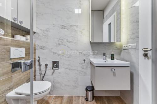 a white bathroom with a toilet and a sink at Walter&Sons Apartment Centro in Poděbrady