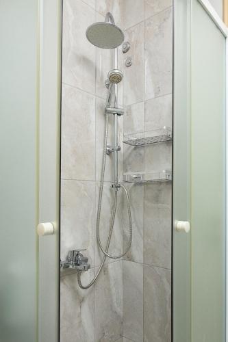 a shower with a shower head in a bathroom at Zeusplace Crown Platamon in Platamonas