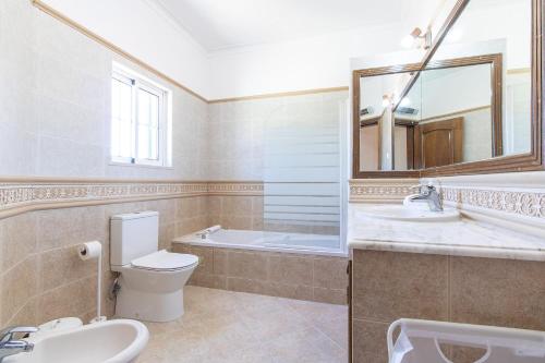 a bathroom with a toilet and a sink and a mirror at Monte das Palmeiras by Algarve Holidays in Loulé