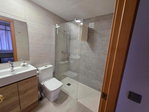 a bathroom with a shower and a toilet and a sink at Apartamento en Mar Blau Calella in Calella