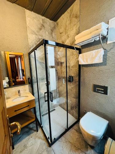 a bathroom with a shower and a toilet and a sink at Berfinn Hotel Beşiktaş in Istanbul