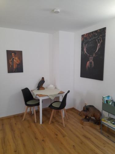 a dining room with a white table and chairs at Ferienwohnung Waidmannsheil in Amtsberg