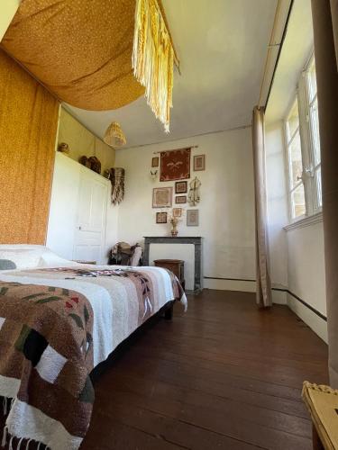 a bedroom with a bed and a fireplace at Chateau de Bouquetraud in Franchesse