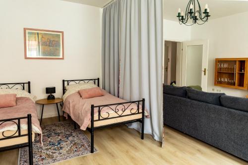 a living room with a bed and a couch at Ferienwohnung Otto in Pegnitz