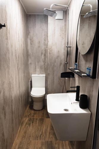 a bathroom with a toilet and a sink and a mirror at Family Boutique in Veliko Tŭrnovo