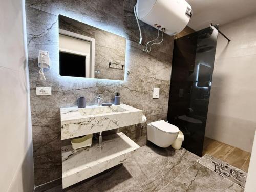 a bathroom with a sink and a toilet and a mirror at Elko Apartments & Rooms in Golem