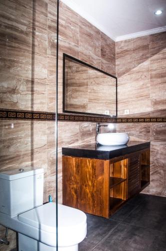 a bathroom with a sink and a toilet and a mirror at Villa Riens Dream in Karangasem
