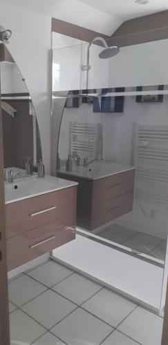 a bathroom with a shower and a sink and a mirror at Maison à proximité des plages in Bénodet