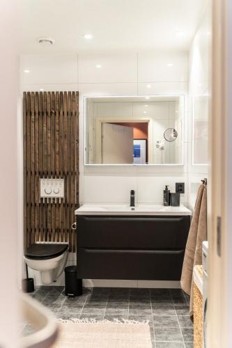 a bathroom with a tub and a toilet and a mirror at Exclusive apartment in Lofoten in Svolvær