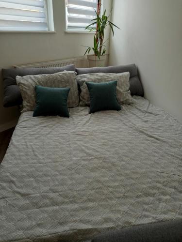 a bed with two pillows and a blanket at Fantazija Tešnjar Apartment in Valjevo