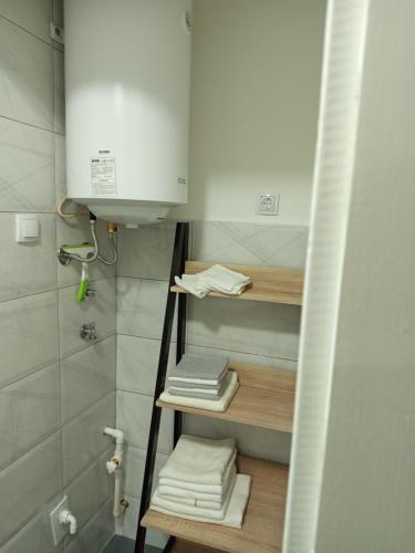 a small bathroom with a shelf with towels at Fantazija Tešnjar Apartment in Valjevo
