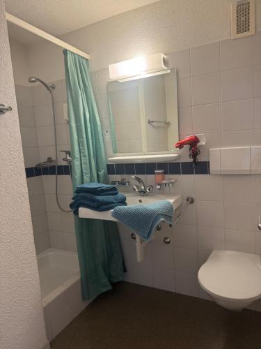 a bathroom with a sink and a toilet and a mirror at Hotel ilufa in Meiringen