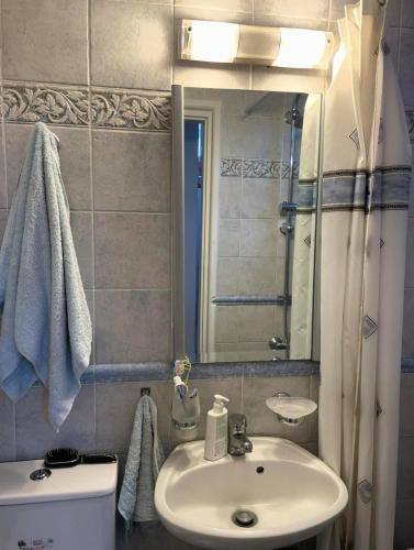 a bathroom with a sink and a toilet and a mirror at Plepi's Seaside Villa in Plépi