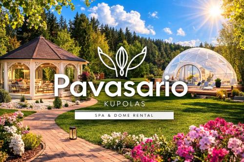 a sign for a garden with a greenhouse and flowers at Pavasario Namai & SPA in Alytus