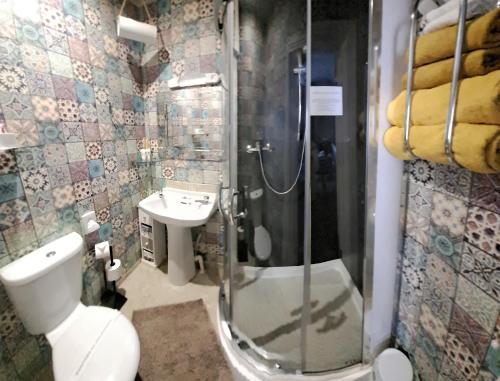 a bathroom with a shower and a toilet and a sink at Avarest House BB Adults Only in Portrush