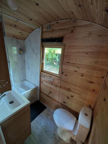 a small bathroom with a toilet and a sink at Roulotte enchantée in Cornillé-les-Caves