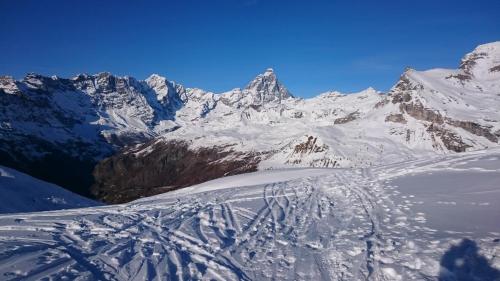 a snow covered mountain with ski tracks in the snow at Hotel Al Caminetto in Valtournenche