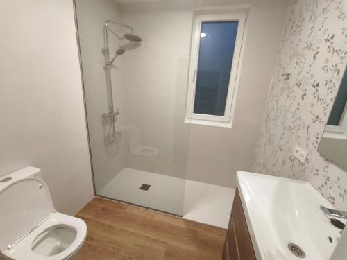 a bathroom with a shower and a toilet and a sink at Casa O OLIVO in Boiro