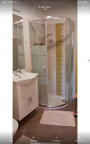 a bathroom with a shower and a sink at Wohlfühlwohnung in Rappottenstein