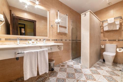 a bathroom with a sink and a shower and a toilet at Hotel Cerro La Nina in Beceña