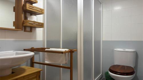 a bathroom with a shower and a toilet and a sink at PISO AINETXA in Posada de Llanes