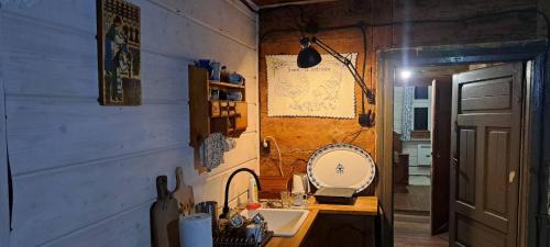 a small bathroom with a sink and a mirror at Józefowa Chata in Rudnik