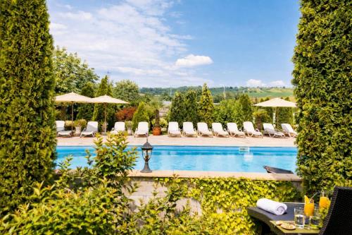 a view of a swimming pool with chairs and umbrellas at Penzión Pulse in Podhájska