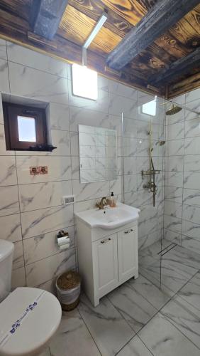 a bathroom with a sink and a shower and a toilet at La Hotar in Buchin