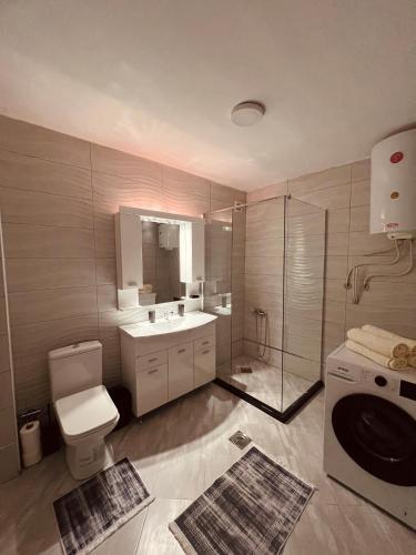 a bathroom with a toilet and a sink and a shower at City View Apartment in Mitrovica