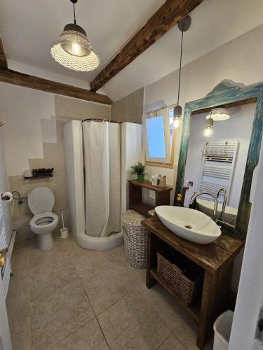 a bathroom with a sink and a shower and a toilet at Guest House Luca in Galda de Jos