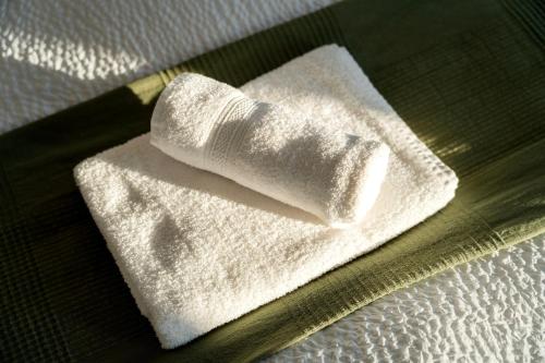 a stack of white towels sitting on top of a bed at Napajedla in Znojmo