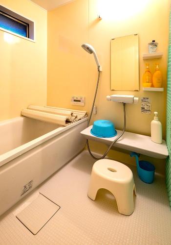 a bathroom with a toilet and a sink and a mirror at 淵明庵 in Fujikawa