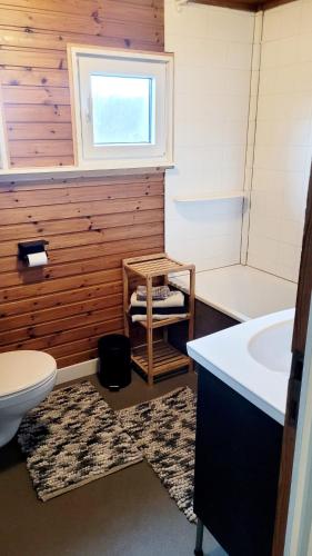 a bathroom with a sink and a toilet and a tub at chalet 275 in Rendeux